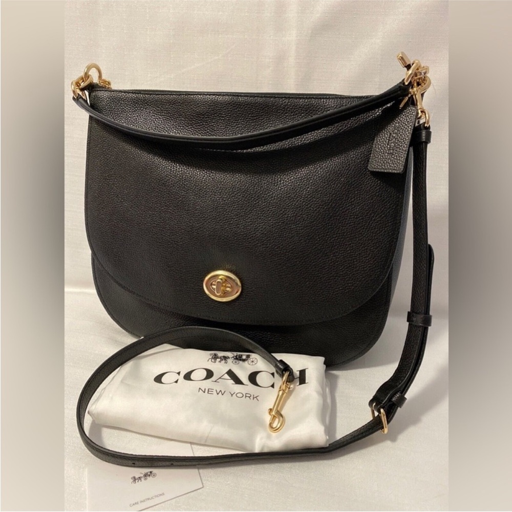 Coach Black Leather Shoulder Bag with Gold Accents